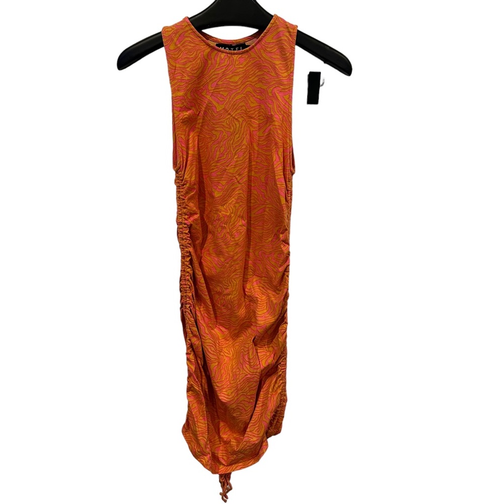 MOTEL NWT ARDILLA MINI DRESS TRIPPY WAVE TANGERINE PINK ruching bodycon groovy - Picture 3 of 7